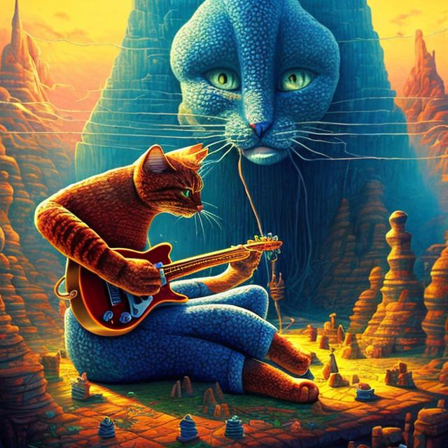 Prompt: giant Lapis lazuli statue of cat playing a guitar, widescreen view, infinity vanishing point, in the style of Jacek Yerka