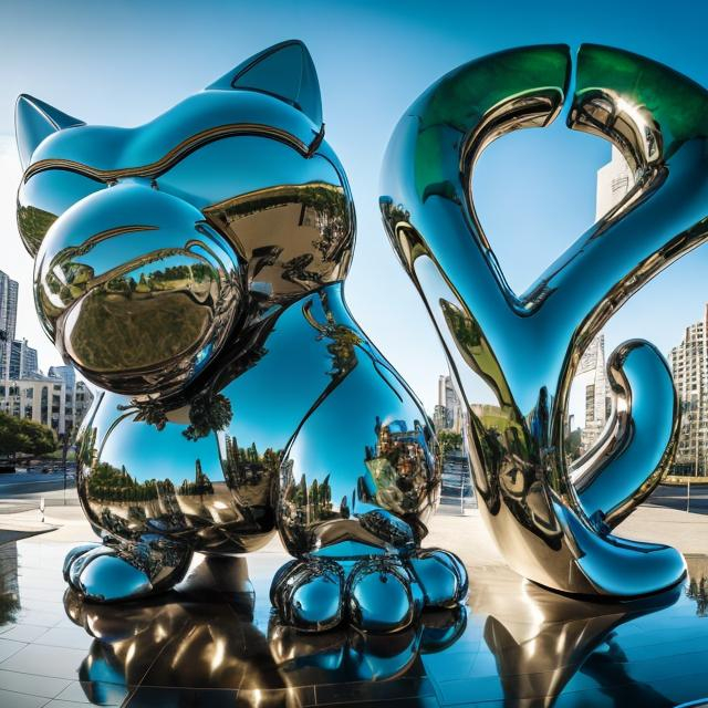 Prompt: ((((giant cat playing guitar) chrome statue inlaid with emeralds) in the style of Jeff Koons) wide perspective view) infinity vanishing point