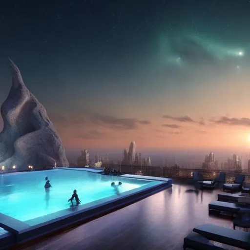 Prompt: wide view 10 feet from a jesus septet playing guitars, at an exotic rooftop infinity pool, infinity vanishing point, cthulhu nebula background