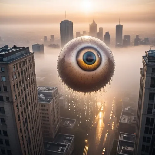 Prompt: giant flying eyeball creatures peeing rain on the city below, overhead golden hour lighting, foggy wide angle view, infinity vanishing point
