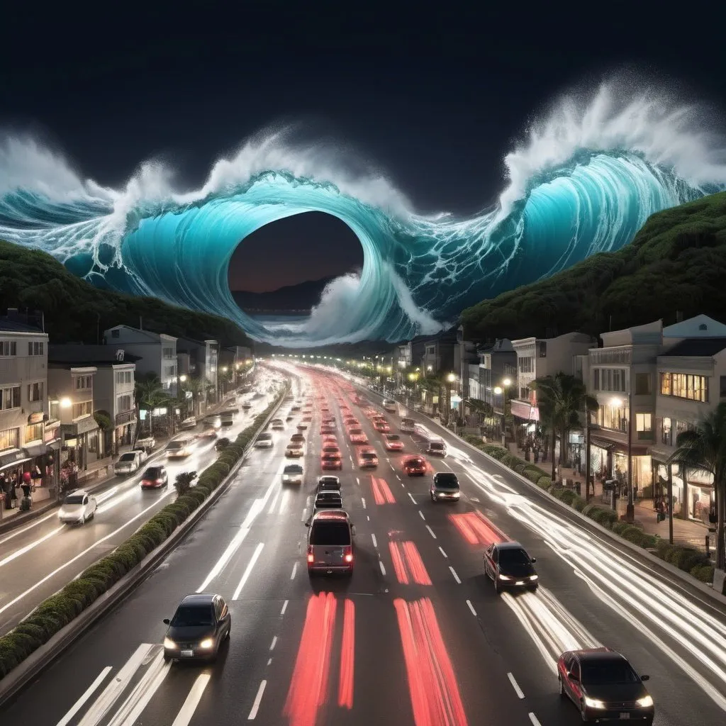 Prompt: infinite rush hour traffic, giant rogue tidal wave at night