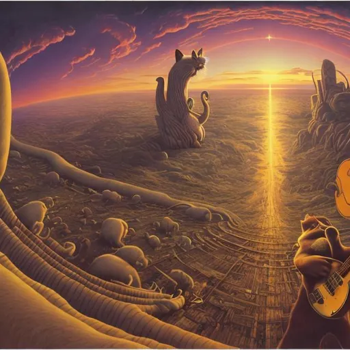 Prompt: panorama wide angle view of a giant cat playing guitar, infinity vanishing point, in the style of Jacek Yerka