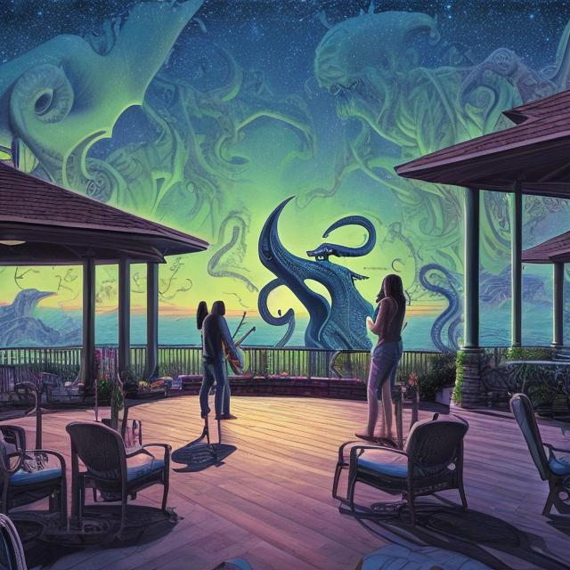 Prompt: wide view, jesus band playing guitars at a poolside patio gazebo barbeque grill, infinity vanishing point, Cthulhu nebula background