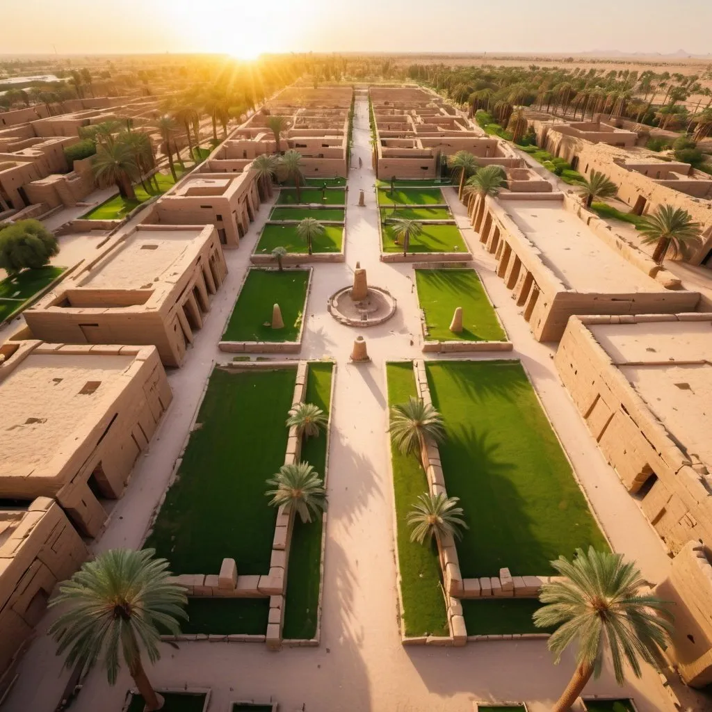 Prompt: ancient city of Karnak and lush gardens, overhead golden hour lighting, extra wide angle field of view, infinity vanishing point