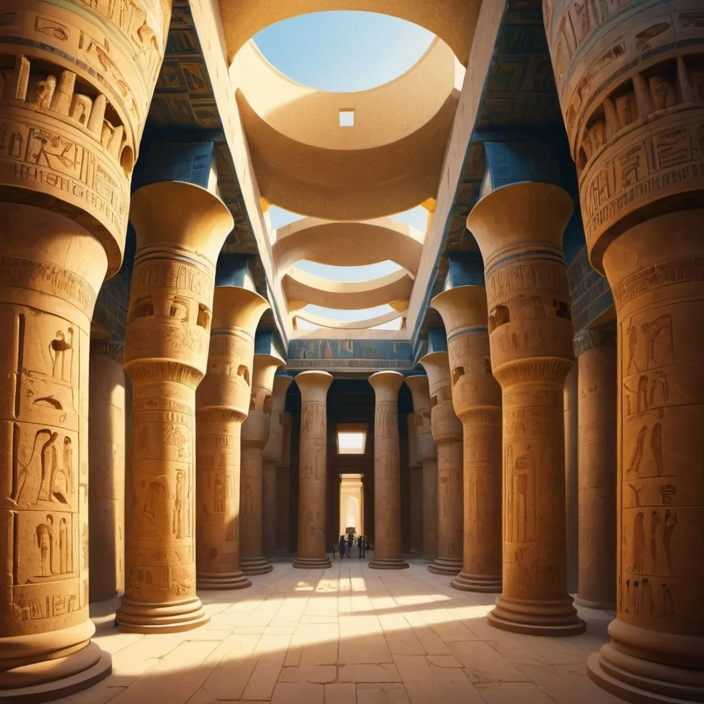 Prompt: Reconstruction of the repainted Great Hypostyle Hall, overhead golden hour lighting, extra wide angle field of view, infinity vanishing point