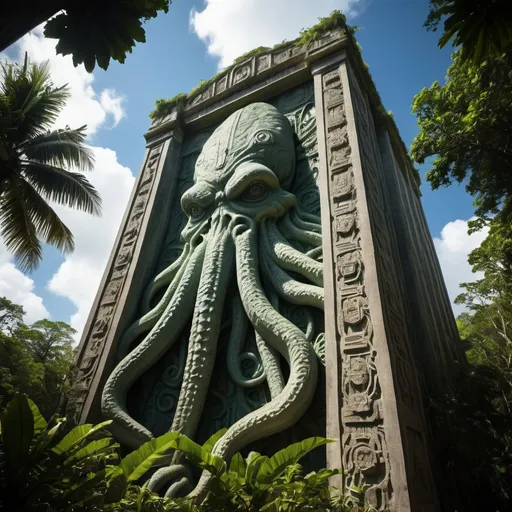 Prompt: in the Belize jungle, a giant ancient intricately detailed bas relief covered skyscraper of cthulhu, overhead lighting shadows, wide angle view, 25 degree offset infinity vanishing point