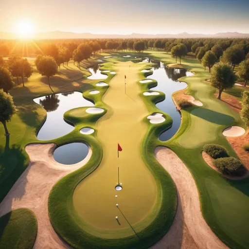 Prompt: Outdoor Endless Giant Fantasy golf course of Time, outdoor background, golden hour outdoor overhead lighting, extra wide angle view, infinity vanishing point