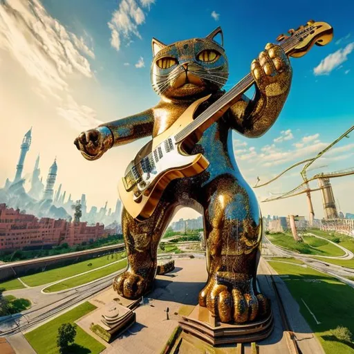 Prompt: giant steel statue damascened with gold, of a giant cat playing guitar, in the style of Jacek Yerka, wide perspective view, infinity vanishing point