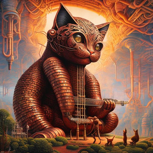 Prompt: giant copper cat playing a sitar, widescreen view, infinity vanishing point, in the style of Jacek Yerka