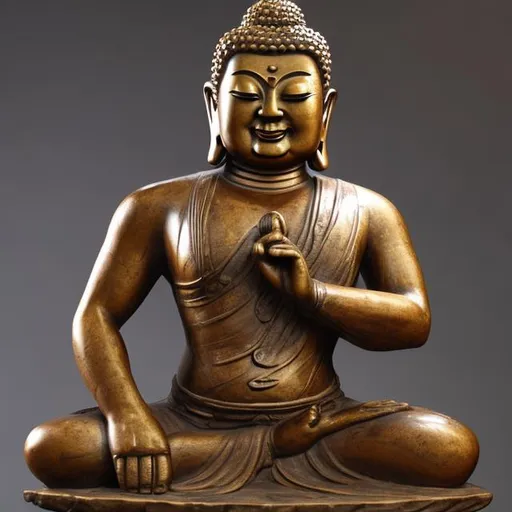 Prompt: widescreen image of an ancient patina bronze bodybuilding buddha playing guitar