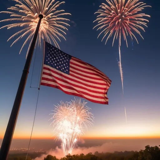 Prompt: biggest flying American Flag, surrounded by fireworks, overhead golden hour lighting, foggy wide angle view, infinity vanishing point