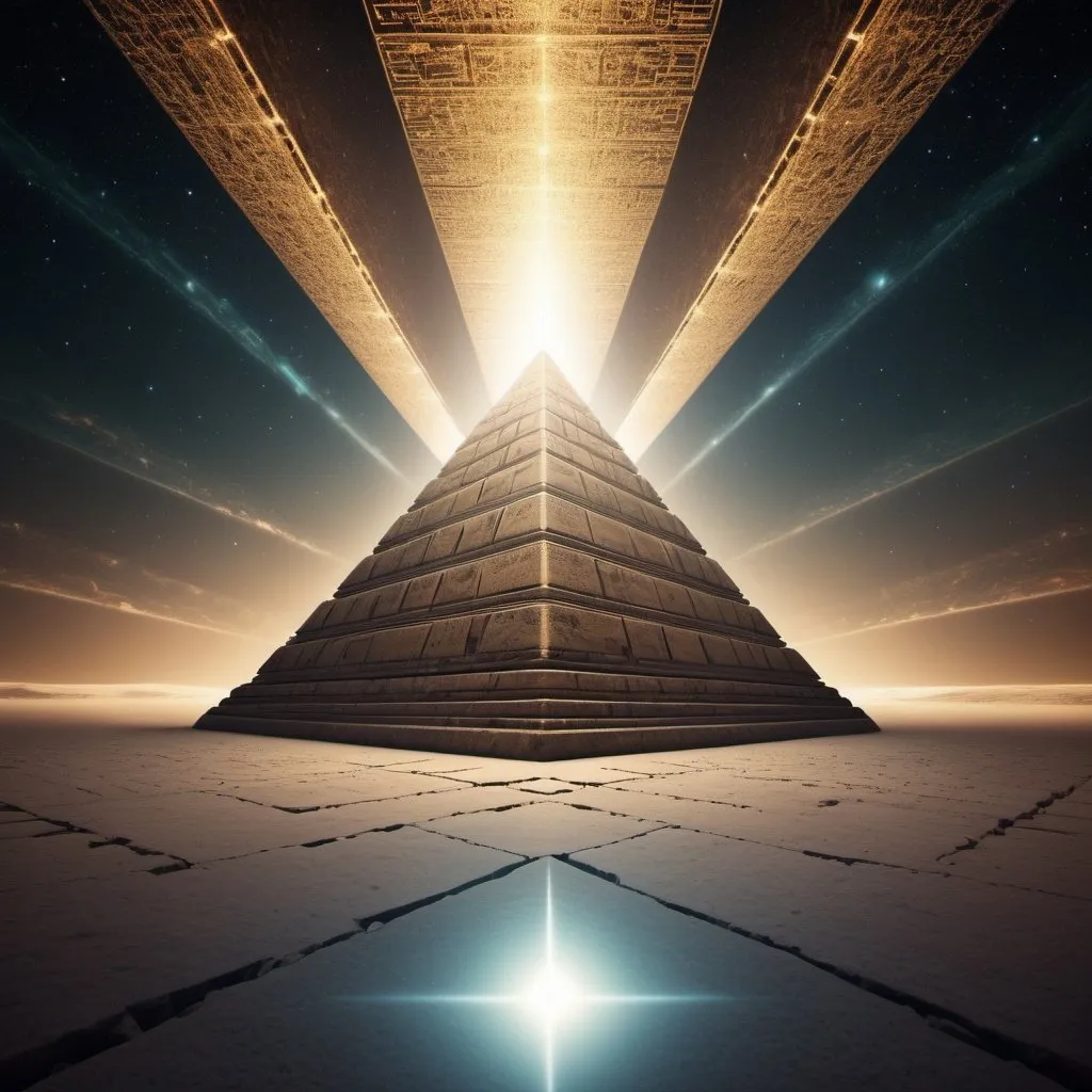 Prompt: Pyramid Power, wide angle perspective, surreal quantum singularity background, infinity vanishing point