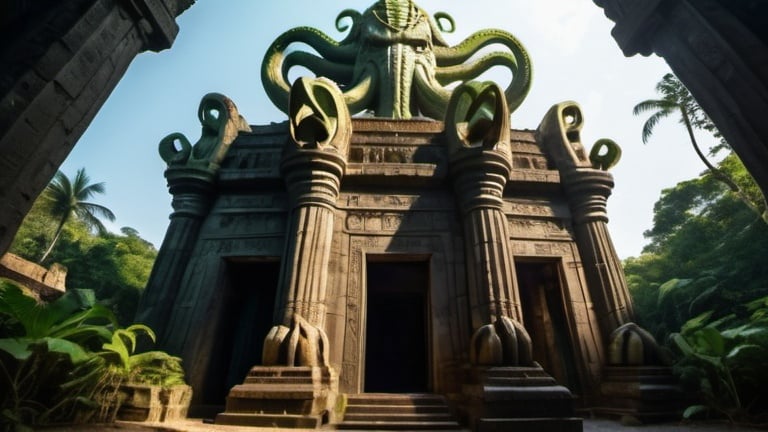 Prompt: in the jungle, a giant ancient bas relief covered temple of cthulhu, overhead lighting shadows, wide angle view, infinity vanishing point