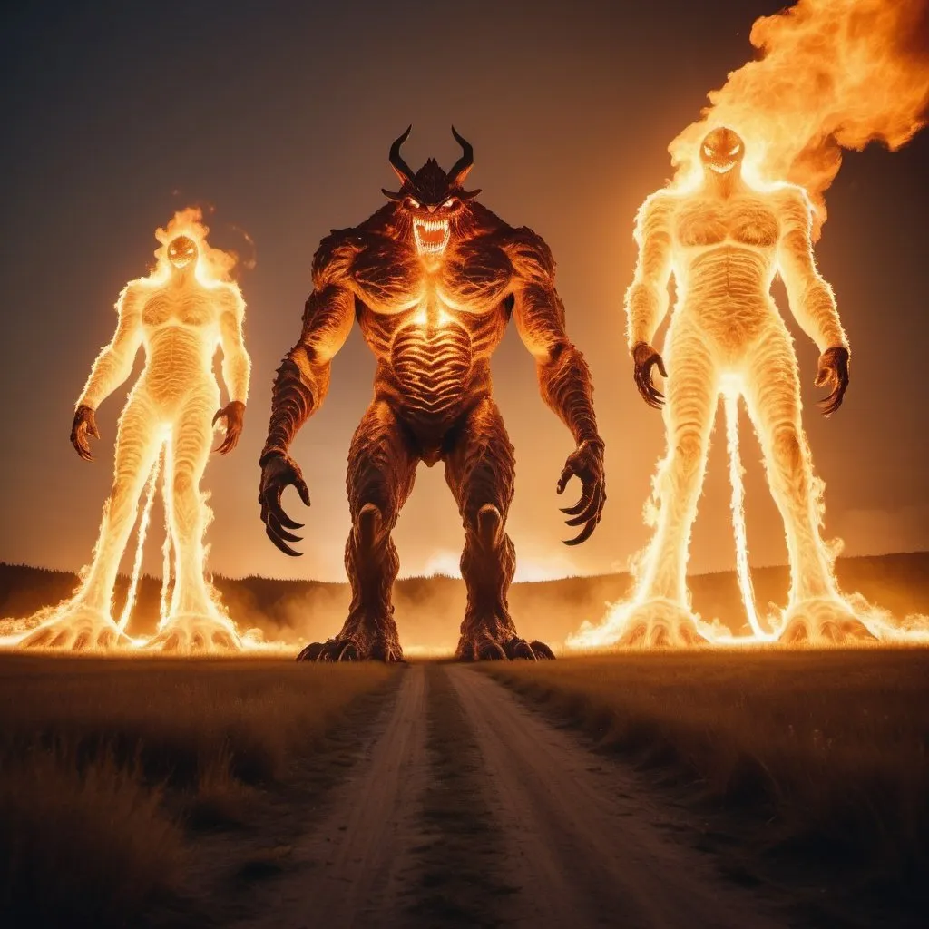 Prompt: strange giant fire monsters, overhead golden hour lighting, extra wide angle field of view, infinity vanishing point