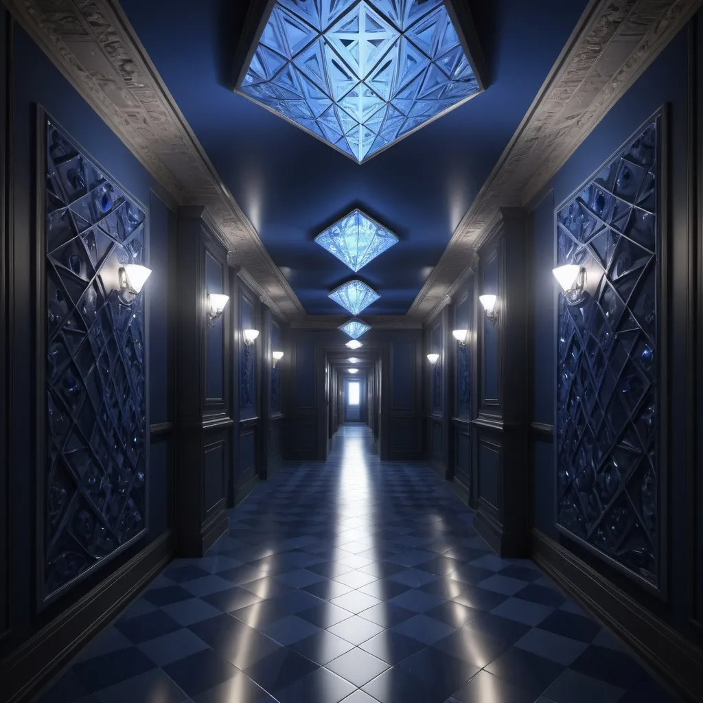 Prompt: surreal AI response, ornately detailed diamond sapphire bas relief hallway, overhead lighting shadows, wide angle view, infinity vanishing point