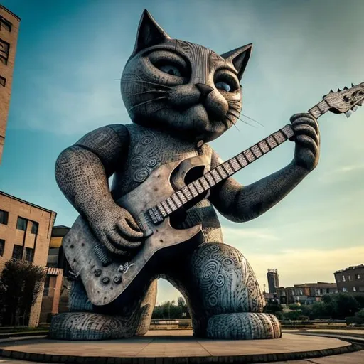 Prompt: giant acid etched steel statue of a giant cat playing guitar, in the style of Jacek Yerka, widescreen view, infinity vanishing point