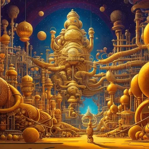 Prompt: panorama widescreen view of a giant gold cat playing a sitar, infinity vanishing point, in the style of Jacek Yerka