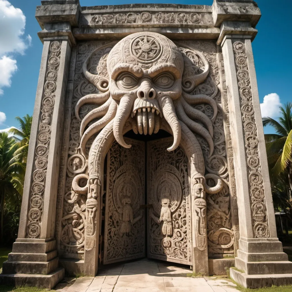 Prompt: in Belize, a giant ancient intricately detailed bas relief covered gate to the temple of cthulhu, overhead lighting shadows, wide angle view, infinity vanishing point