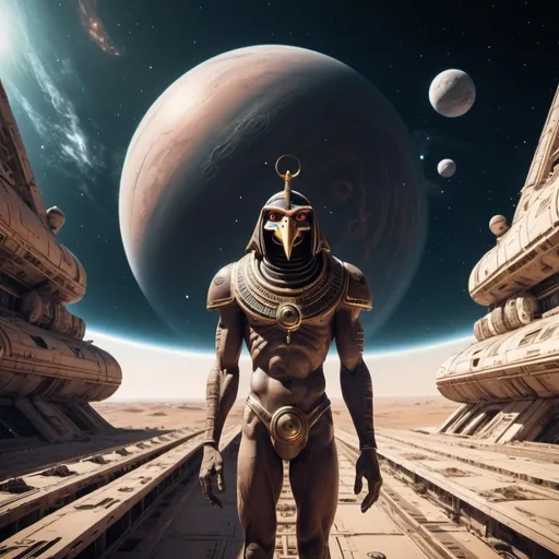 Prompt: Horus floating in space outside a distant ancient surreal space station, an evil techno-planet in the background, 25 degree offset, wide angle perspective, infinity vanishing point