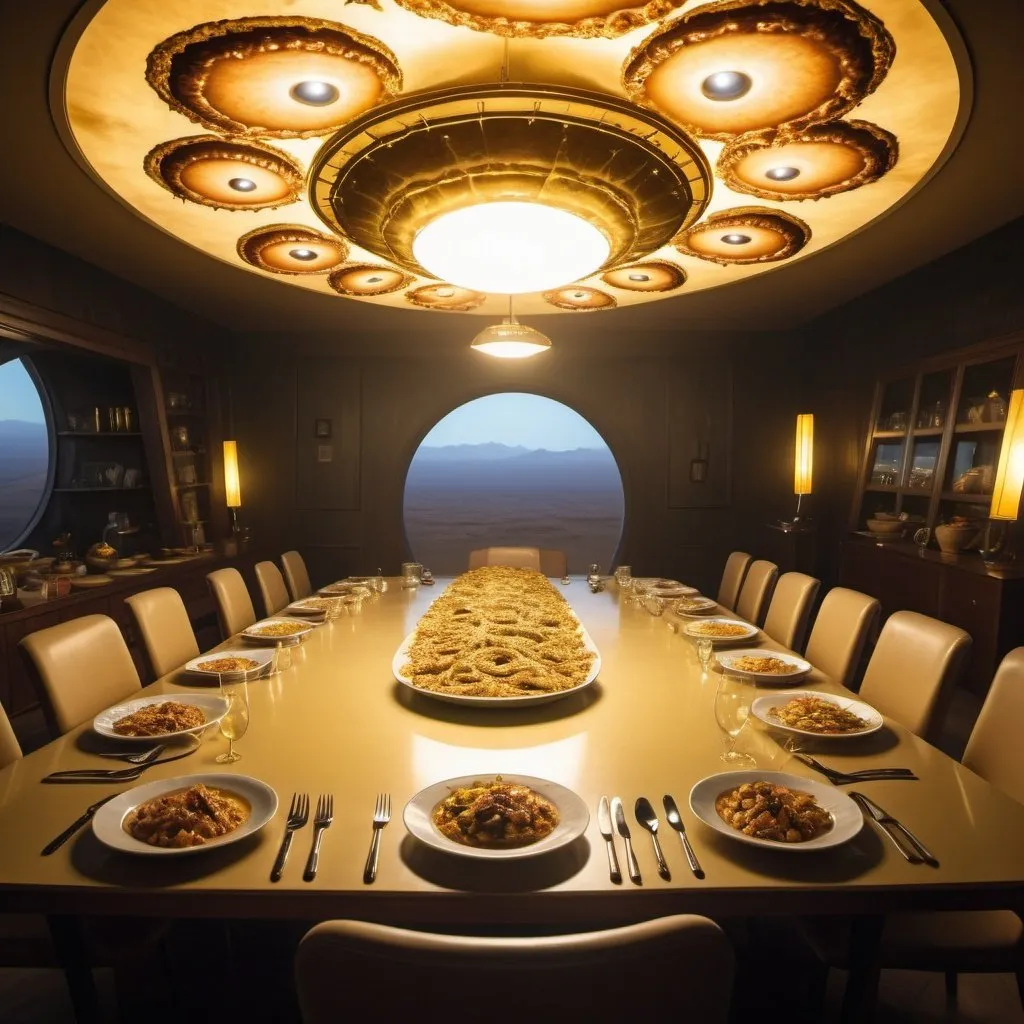 Prompt: dining table of giant platters of alien food, overhead golden lighting, wide angle view, infinity vanishing point