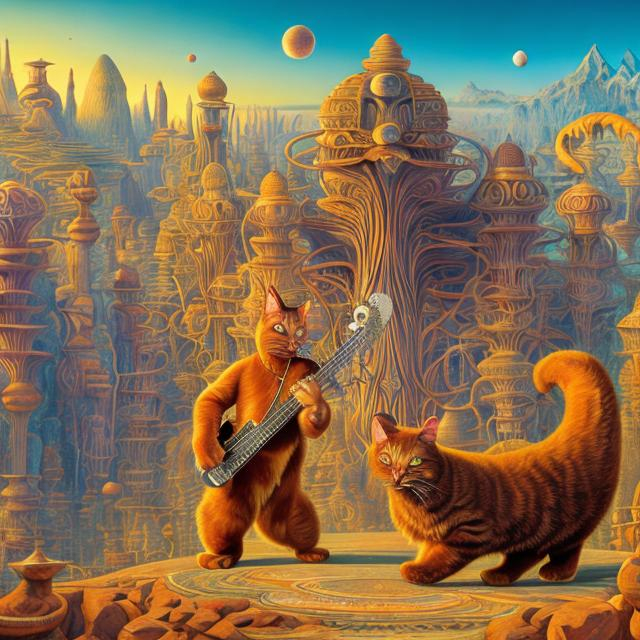 Prompt: panorama widescreen view of a giant topaz cat playing a sitar, infinity vanishing point, in the style of Jacek Yerka