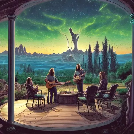 Prompt: wide view, jesus band playing guitars in front of a patio gazebo barbeque grill, infinity vanishing point, Cthulhu nebula background