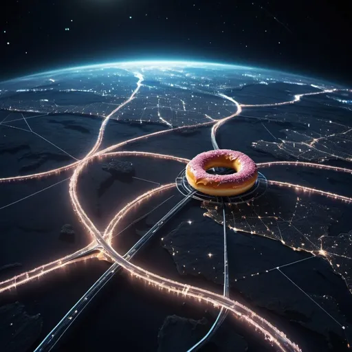 Prompt: view from orbit of a superhighway network around a donut shaped planet at night