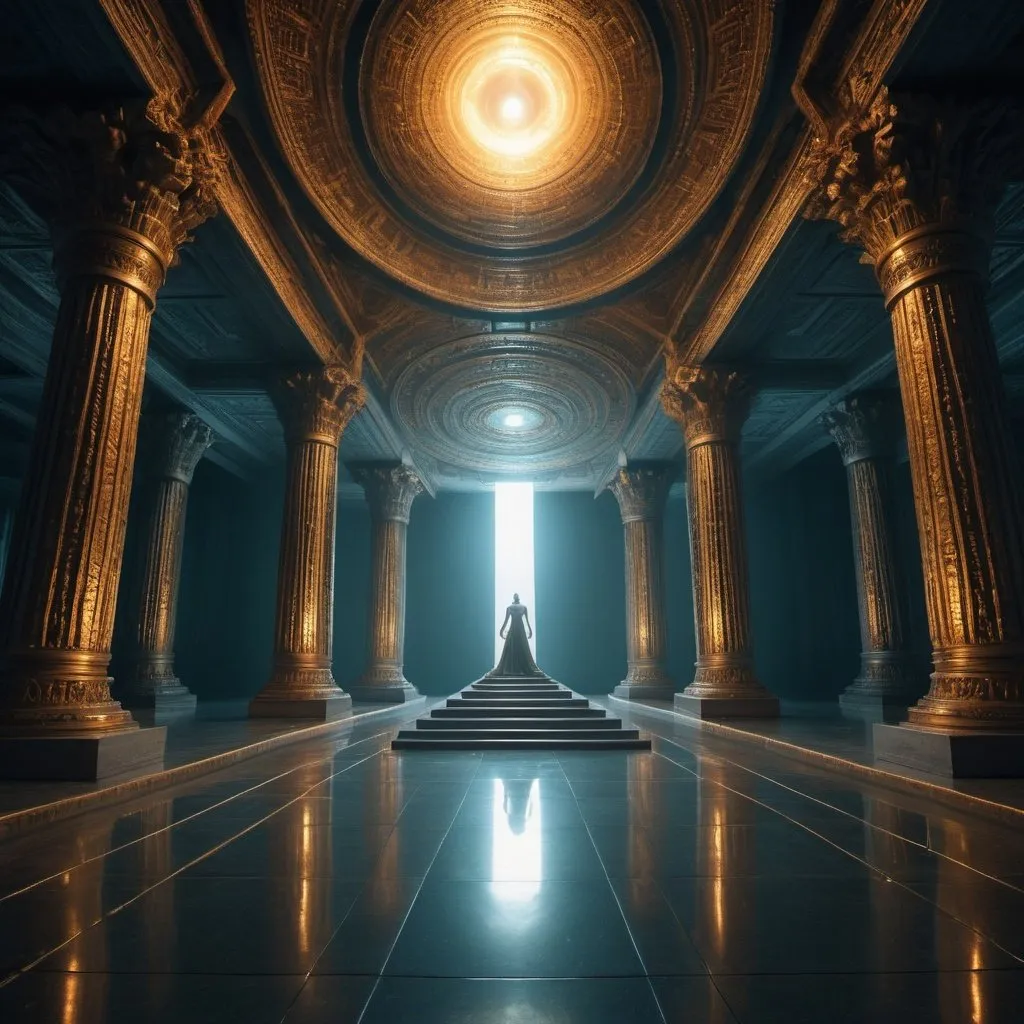 Prompt: Temples of Syrinx, overhead lighting, wide angle view, surreal background proportions, infinity vanishing point