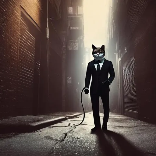 Prompt: cat dressed as a secret agent in a dark alley, overhead lighting, wide view