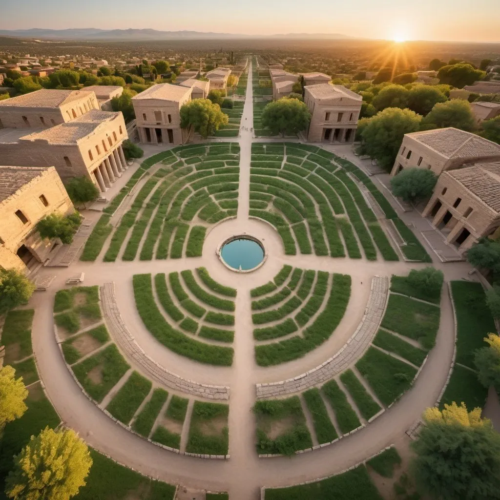 Prompt: ancient city of Troy and lush gardens, overhead golden hour lighting, extra wide angle field of view, infinity vanishing point