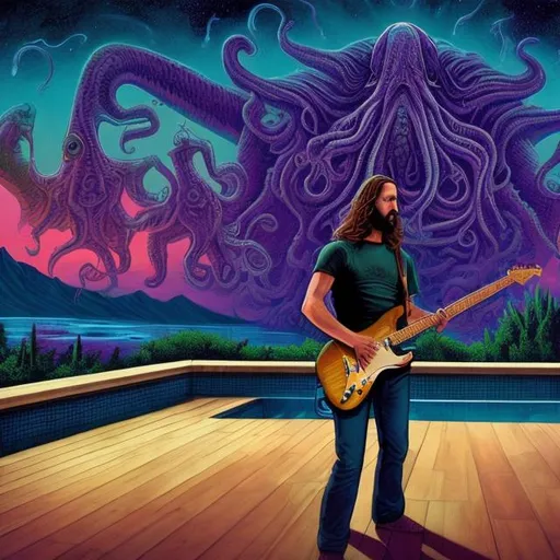 Prompt: wide view, jesus band playing guitars at a poolside patio barbeque grill, infinity vanishing point, Cthulhu nebula background
