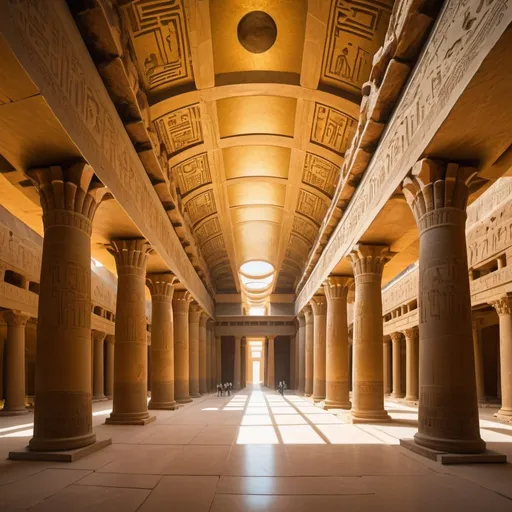 Prompt: Reconstruction of the repainted Great Hypostyle Hall, overhead golden hour lighting, extra wide angle field of view, infinity vanishing point