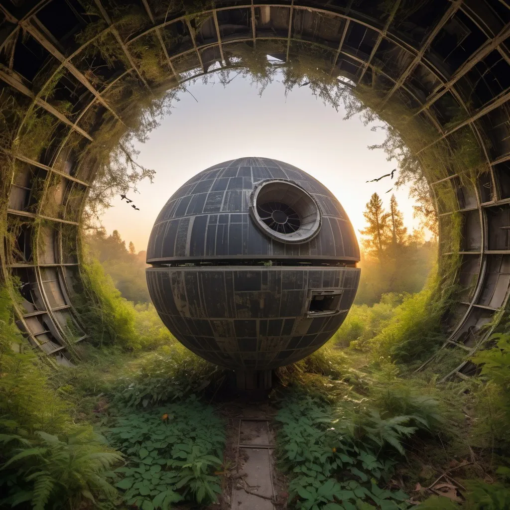 Prompt: abandoned deathstar overgrown with wildlife, golden hour overhead lighting, extra wide angle view, infinity vanishing point