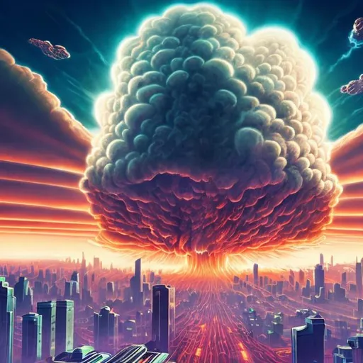 Prompt: infinity city, nuclear blast cloud background