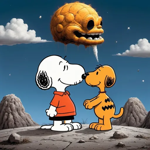 Prompt: Snoopy kissing Garfield the Cat, post-nuclear-age-apocalyptic-science-fiction, surreal-hallucination