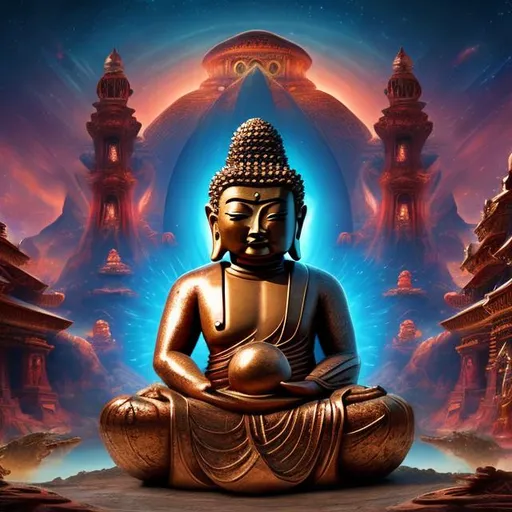 Prompt: widescreen letterbox style image of a copper bodybuilding buddha playing guitars in front of an exotic alien temple, tropical jungle background, galaxy sky, infinity vanishing point