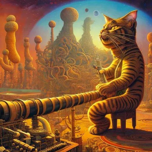 Prompt: panorama widescreen view of a giant cat playing a sitar, infinity vanishing point, in the style of Jacek Yerka