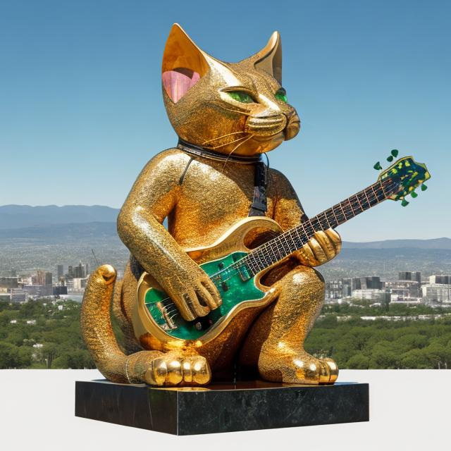 Prompt: ((((giant cat playing guitar) gold statue inlaid with emeralds) in the style of Ron English) wide perspective view) infinity vanishing point