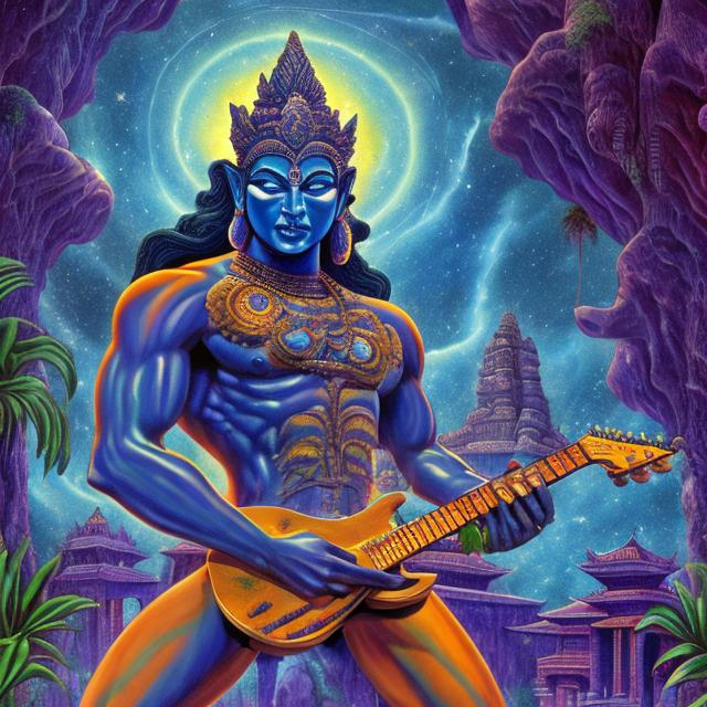 Prompt: wide view of a lazulite bodybuilding vishnu playing guitar at an exotic temple, tropical jungle background, galaxy sky, infinity vanishing point