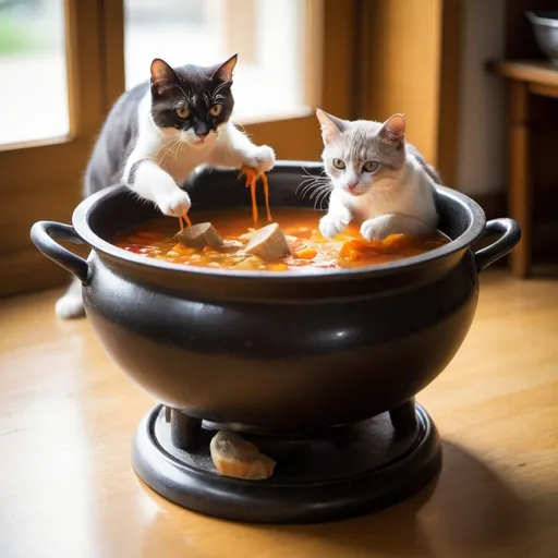 Prompt: cats playing in soup cauldron