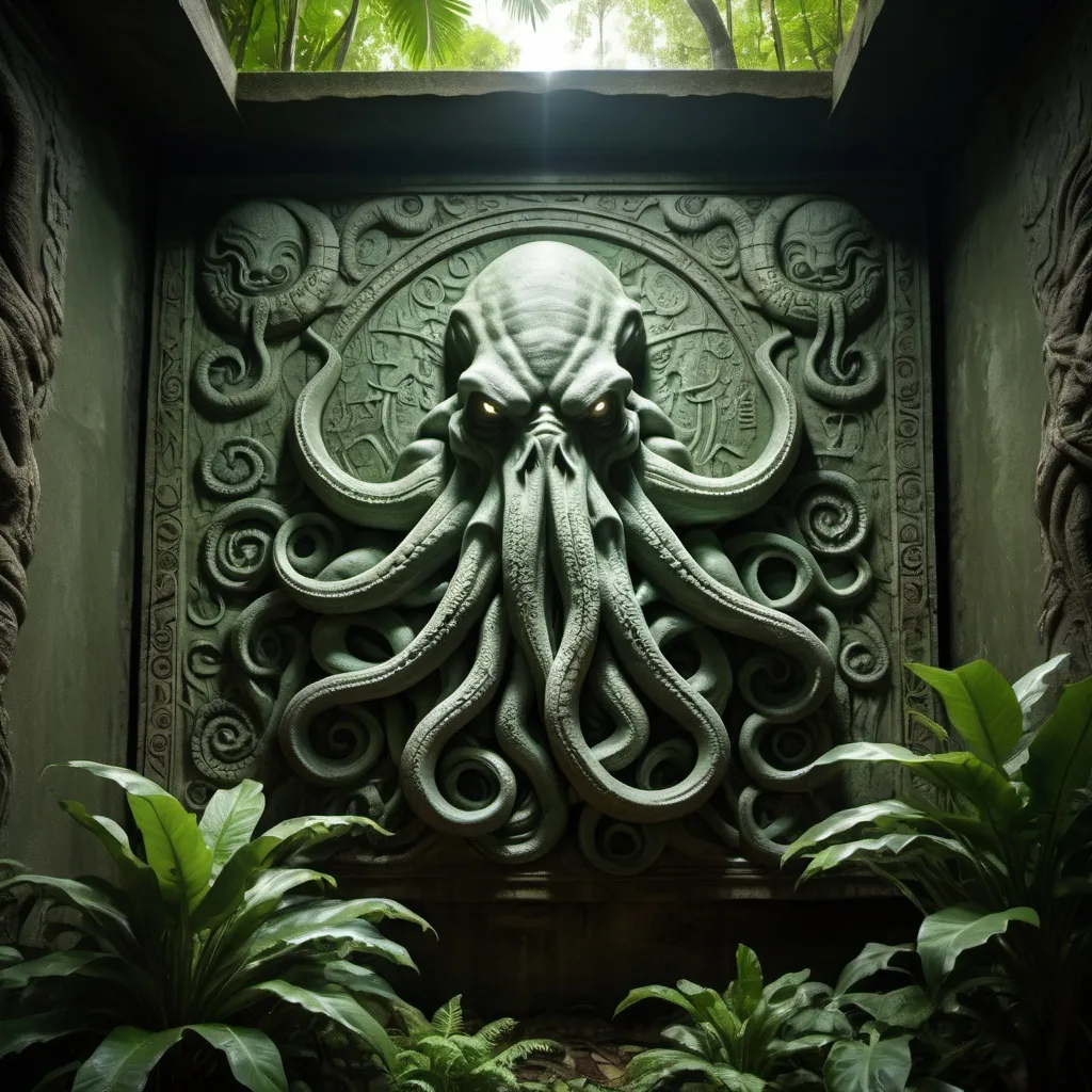 Prompt: in the jungle, an ancient bas relief of cthulhu, overhead lighting shadows, wide angle view, infinity vanishing point