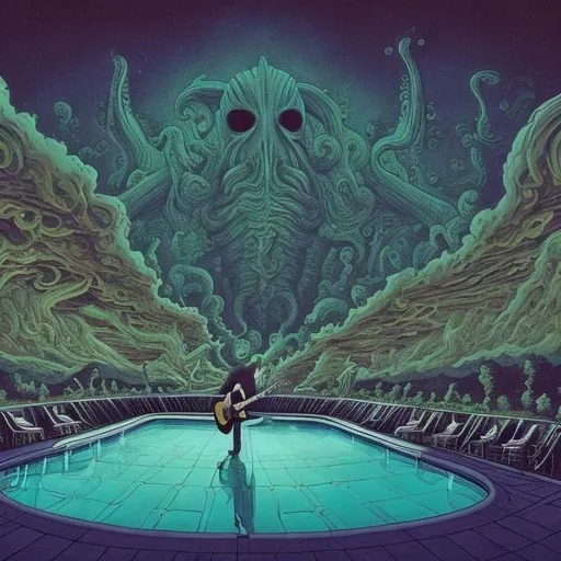 Prompt: wide view, jesus band playing guitars at a poolside patio barbeque grill, infinity vanishing point, Cthulhu nebula background