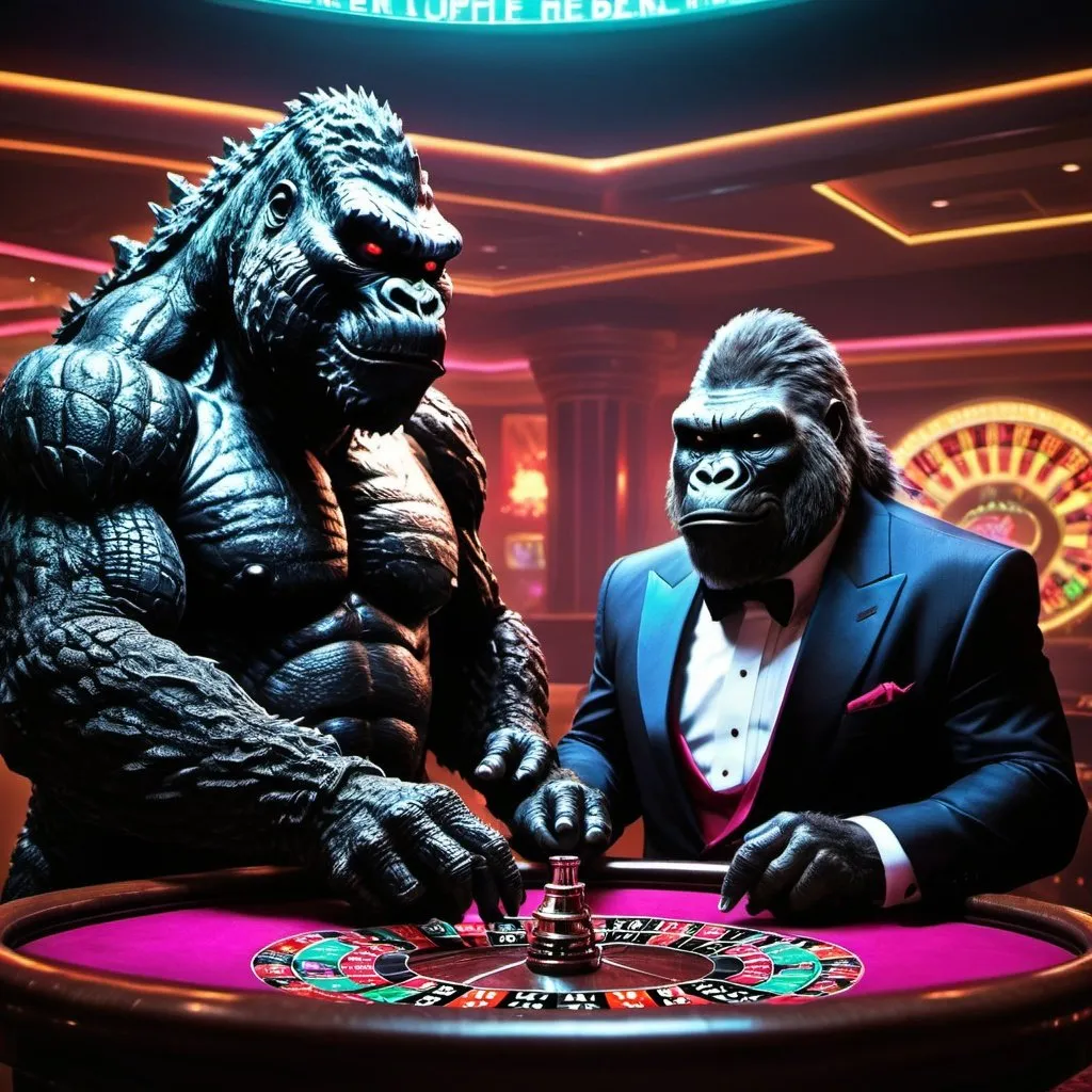 Prompt: godzilla and king kong, wearing tuxedos, playing roulette in an exotic casino, smokey background, overhead neon black lighting