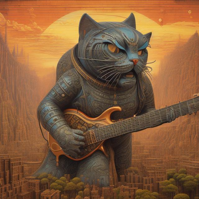 Prompt: giant iron statue damascened with inlaid gold, of a giant cat playing guitar, in the style of Jacek Yerka, wide perspective view, infinity vanishing point