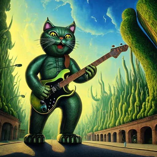 Prompt: giant green metal statue of a giant cat playing guitar, in the style of Jacek Yerka, widescreen view, infinity vanishing point