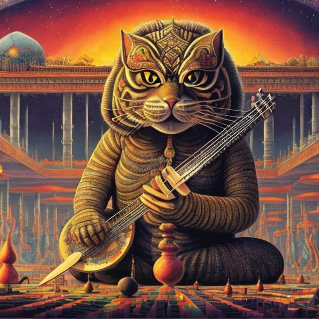 Prompt: panorama widescreen view of a giant emperor cat playing a sitar, infinity vanishing point, in the style of Jacek Yerka