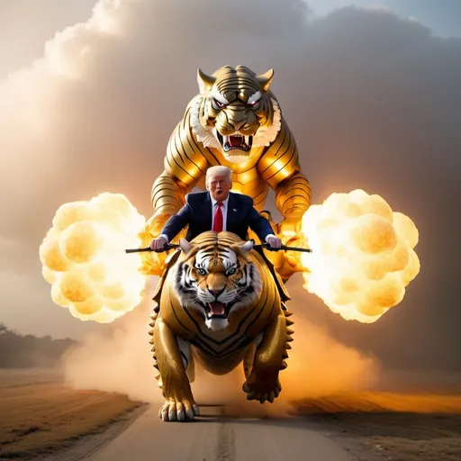 Prompt: Trump riding the biggest giant firebreathing armored tiger in the world, overhead golden hour lighting, foggy wide angle view, infinity vanishing point