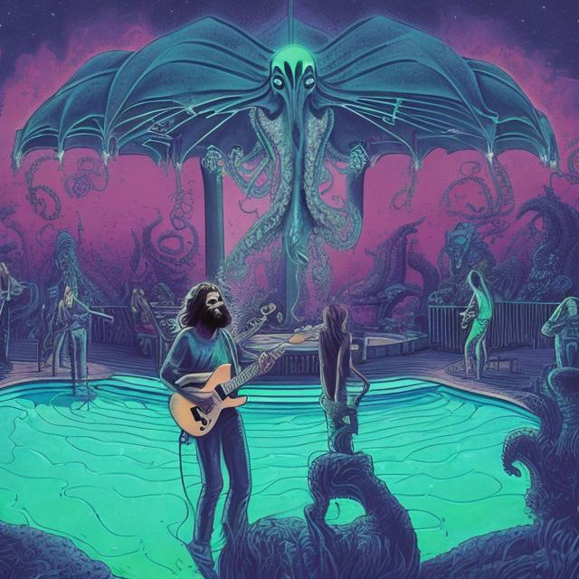 Prompt: wide perspective, jesus band playing guitars at an exotic poolside patio gazebo party, infinity vanishing point, Cthulhu nebula background
