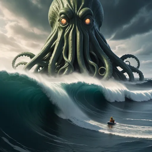 Prompt: cthulu surfing the largest giant tsunami wave, offshore drilling platform in foreground for scale, overhead lighting, wide angle view, infinity vanishing point
