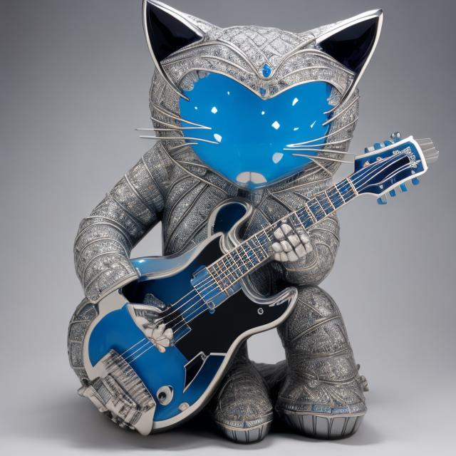 Prompt: ((((giant cat playing guitar) diamond statue inlaid with blue chrome) in the style of Ron English) wide perspective view) infinity vanishing point